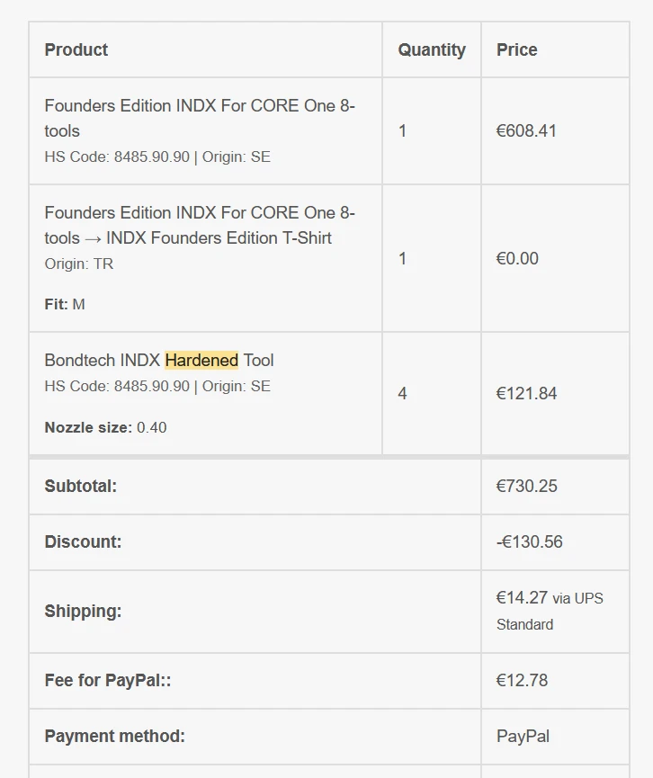 Eine Founders-Edition-Rechnung: vier Posten „Bondtech INDX Hardened Tool“ neben dem 8-Tool-Kit