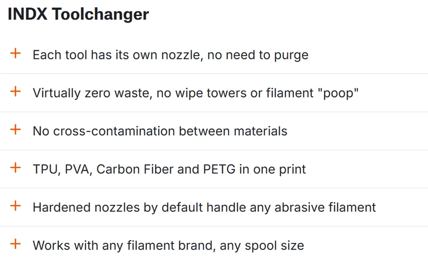 Prusas INDX-Conversion-Kit-Seite am 18. Juli 2026: „Hardened nozzles by default handle any abrasive filament“ weiterhin unter den Verkaufsargumenten des Toolchangers