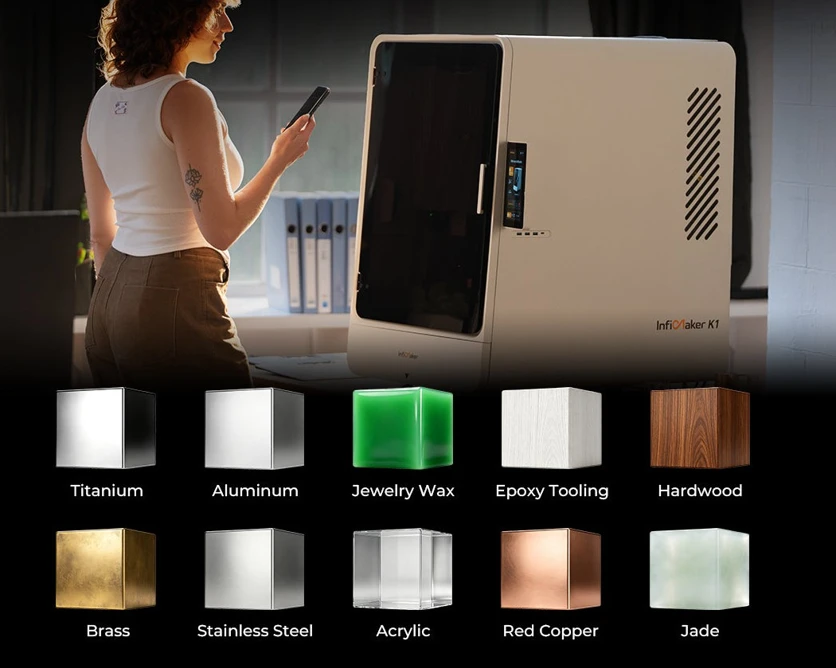 InfiMaker lists metals, plastics, wax, hardwood and jade among the materials intended for the K1