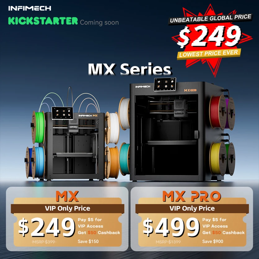 InfiMechs aktuelle Preisgrafik: der offene MX zum VIP-Preis von 249 $ gegen eine UVP von 399 $, daneben der geschlossene MX Pro für 499 $ gegen 1.399 $ UVP, jeweils mit 5-$-VIP-Anzahlung und 50 $ Cashback