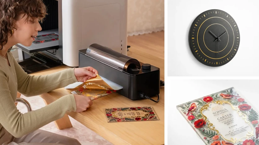 Premium-Veredelung auf dem O1 Omni: Der Laminator ergänzt UV-Drucke um Gold-, Silber- oder Holo-Finishes, hier auf Hochzeitseinladungen aus Acryl