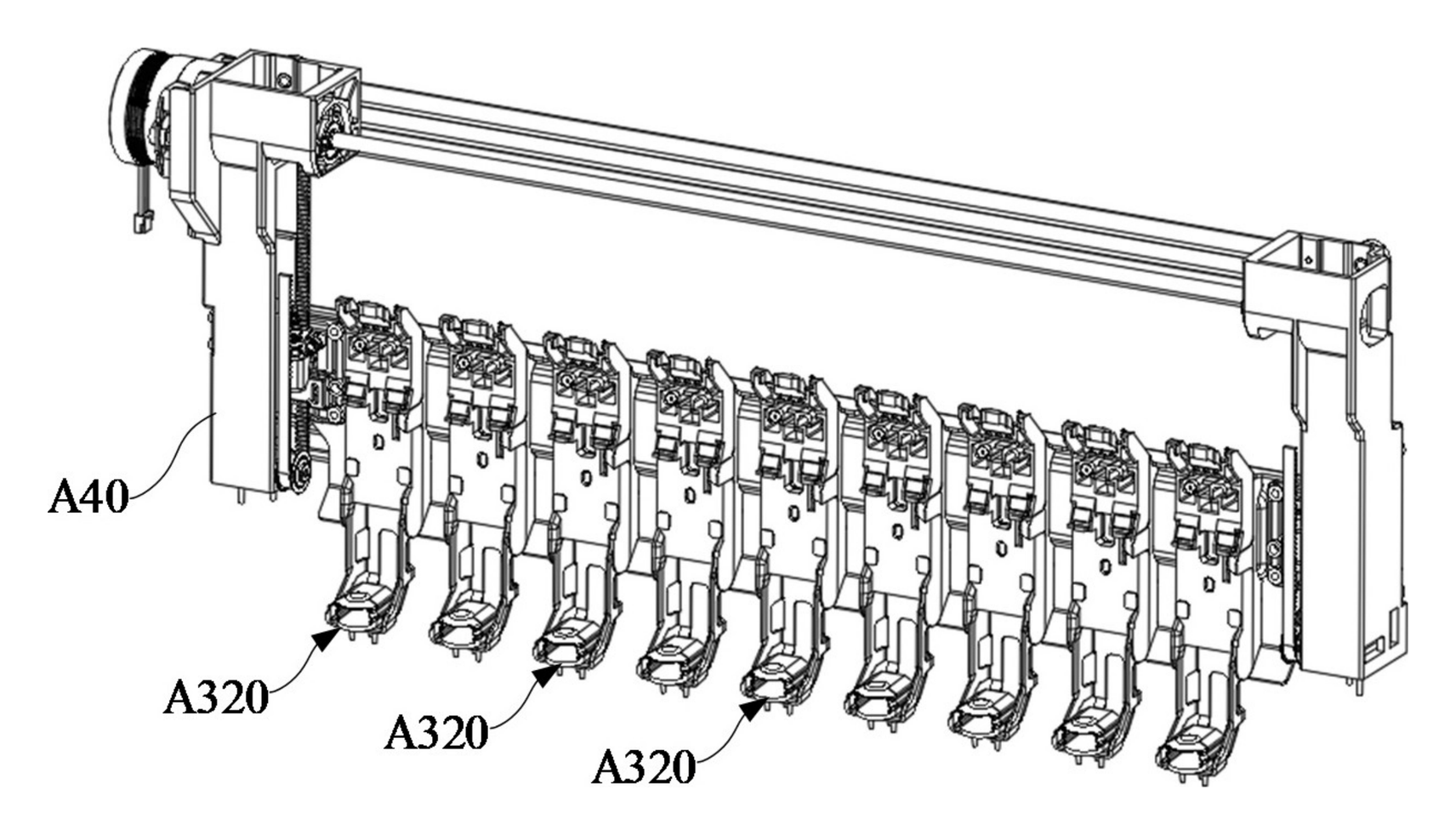 Patentzeichnung der Hotend-Ablage allein, mit neun Plätzen nebeneinander