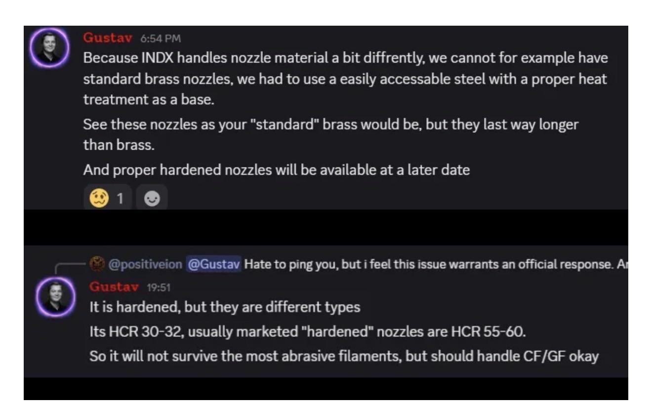 Bondtech staffer Gustav on the company Discord: the shipped nozzles are HRC 30-32, where marketed hardened nozzles are HRC 55-60, with proper hardened nozzles 'available at a later date'