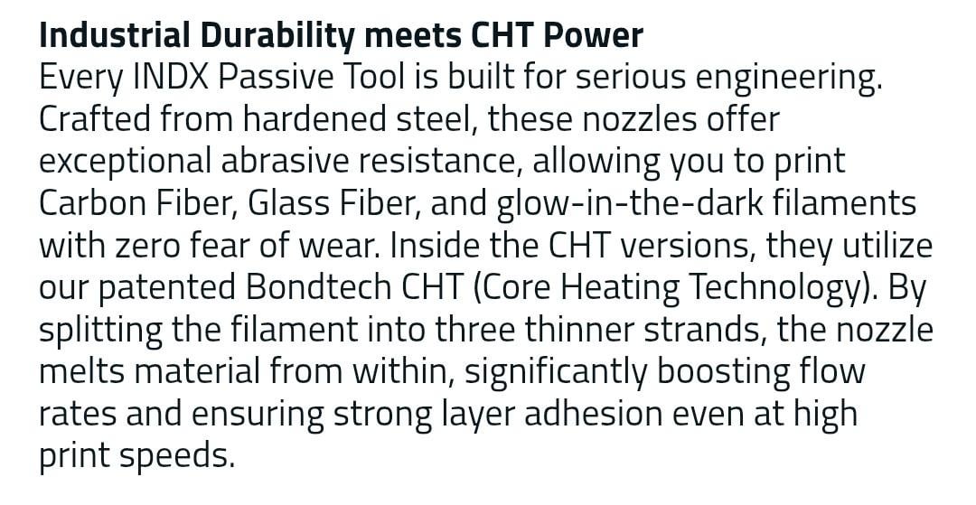 The paragraph that sold the nozzles, as it ran across Bondtech's INDX pages from the Founders Edition to the Development Kit