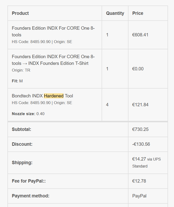 A Founders Edition invoice: four 'Bondtech INDX Hardened Tool' line items alongside the 8-tool kit