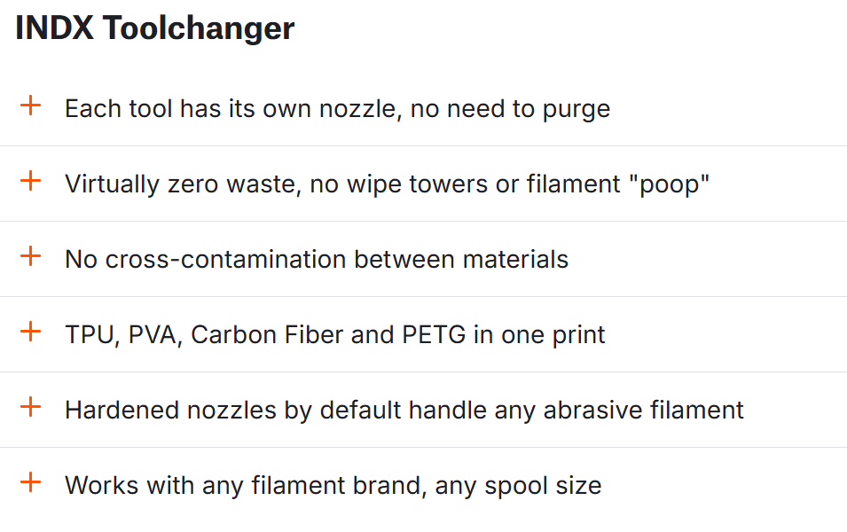 Prusa's INDX conversion kit page, July 18, 2026: 'Hardened nozzles by default handle any abrasive filament' still among the toolchanger's selling points