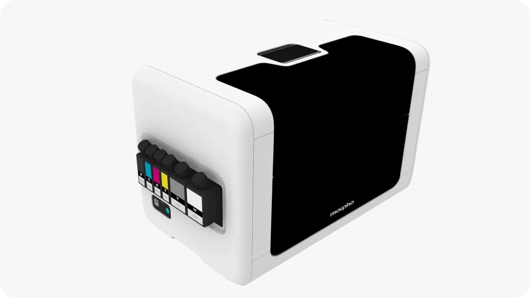 The rear cartridge bay of the Morpho UV Printer: six slots (CMYK, varnish, white) on the standard F1080 model; Morpho says it takes both proprietary and refillable cartridges