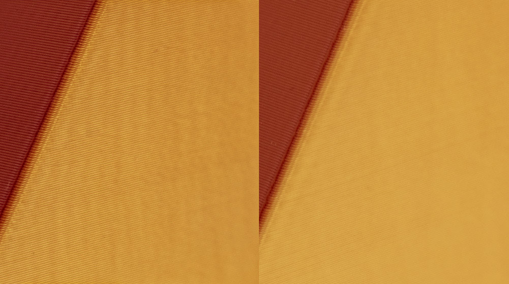 Prusa's side-by-side of the same two-color wall, its illustration for the GT1.5 belts: fine repeating ripples on the left, a smooth surface on the right (Prusa Research)