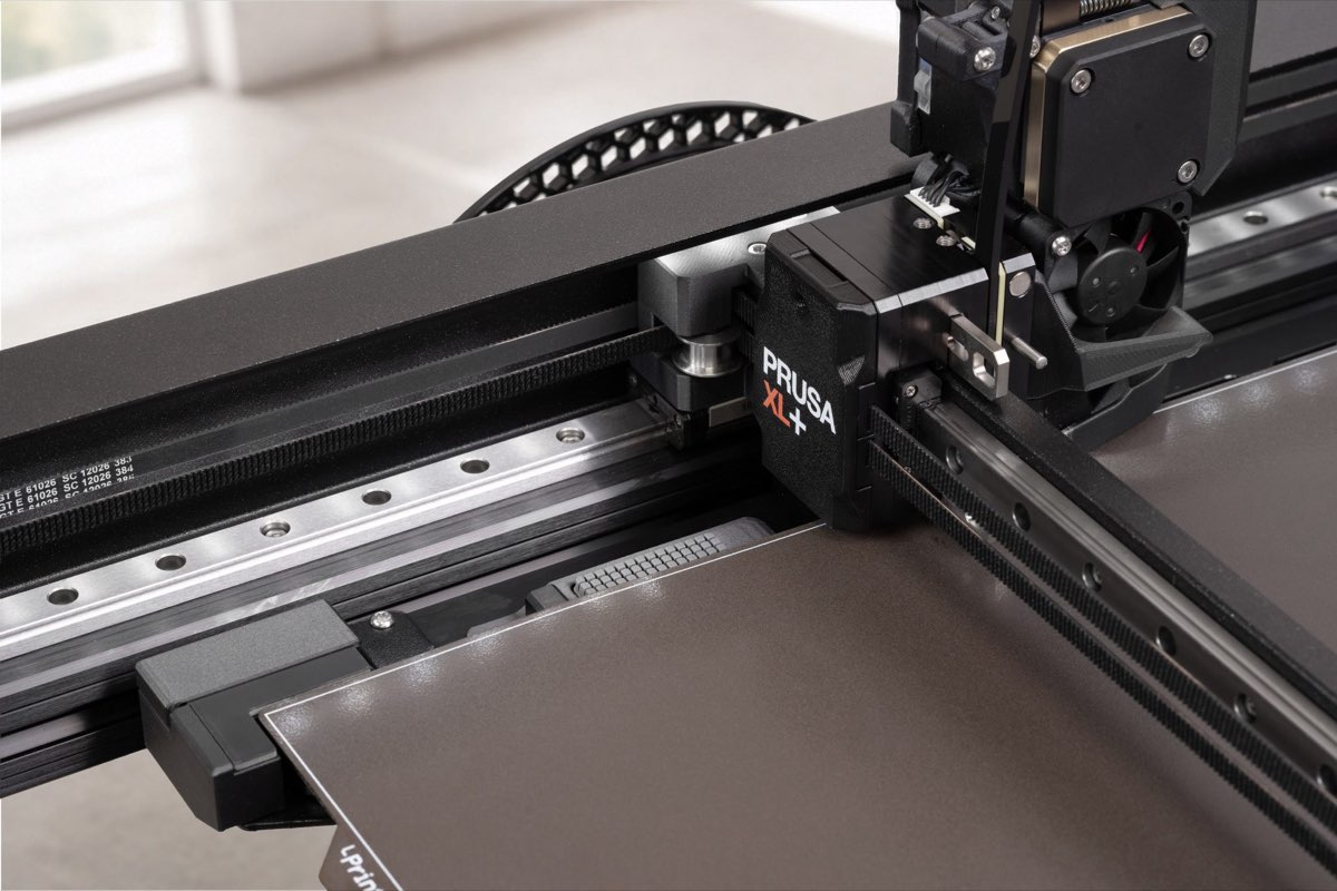 The XL+ toolhead over the front edge of the bed, where the wiper strip and the tool offset sensor now sit (Prusa Research)